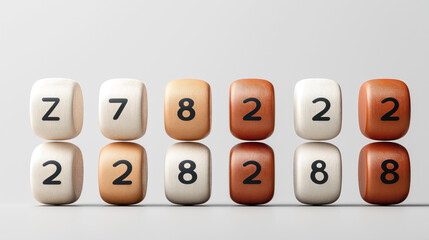 Wooden blocks arranged in two rows, each block displaying a single numeral from 0 to 9, painted in a range of colors from white to orange.