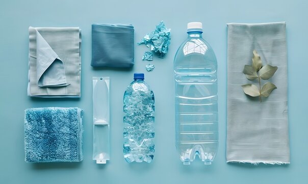 Empty plastic bottle and various fabrics made of recycled polyester fiber synthetic fabric on a blue background. 