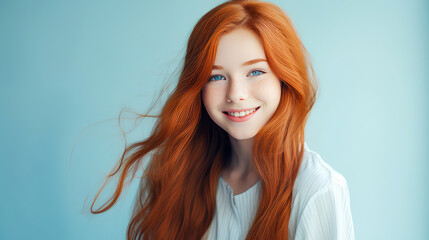 Fototapeta premium Portrait of a smiling cheerful teenage girl with long red hair and perfect skin, light blue background, banner.