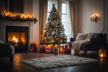 Christmas interior with tree, presents and fireplace