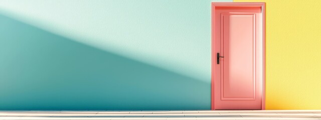  A pink door is positioned in front of a blue and yellow wall A door shadow lies on the floor beneath it