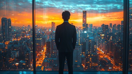 Businessman looking out at a vibrant city skyline during sunset from a high-rise building in a modern urban area