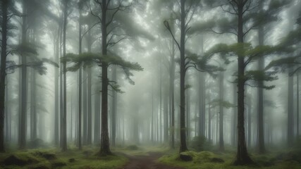 Foggy morning forest background with muted green tones