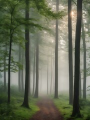 Obraz premium Foggy morning forest background with muted green tones