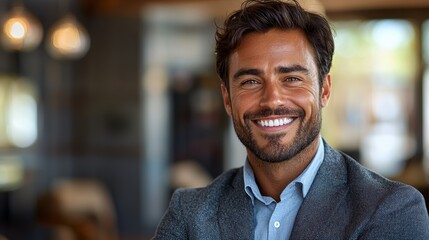 Obraz premium Smiling man in a gray blazer standing indoors at a modern cafe with warm lighting during the afternoon