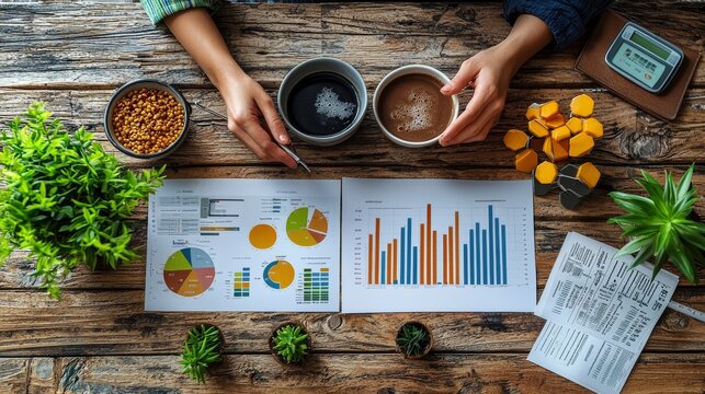 A productive morning at a rustic wooden table with charts, coffee, and healthy snacks in an inviting workspace