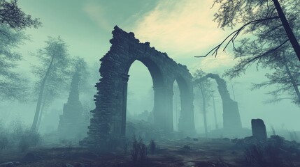 Haunting mist shrouding ancient ruins