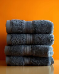 stack of towels on orange background. copy space. bathroom hygiene and daily comfort. spa, wellness, and hotel environments