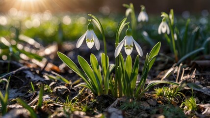 Spring snowdrop flowers in sunlight