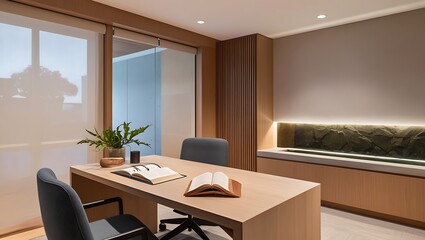 modern home office with a minimalist desk, chair and floating shelves made of light wood against white walls