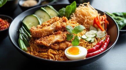 Spicy Asian Curry Noodle Bowl with Flavorful Protein and Fresh Vegetables