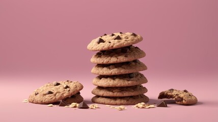 Stack of oatmeal chocolate cookies on a pink backdrop. 