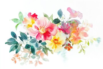 The artwork features an array of colorful flowers and lush green leaves artistically arranged on a white background, highlighting the beauty of nature