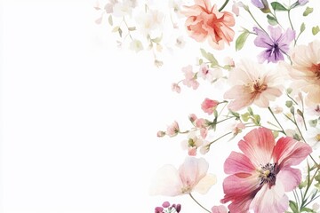 Obraz premium Delicate petals of multiple flowers intertwine in soft hues, creating a stunning watercolor composition against a clean white backdrop