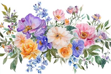 This artwork features a lovely arrangement of flowers painted in watercolor, showcasing a blend of colors and natural elements against a clean white backdrop