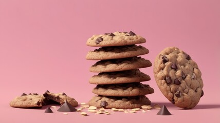 Stack of oatmeal chocolate cookies on a pink backdrop