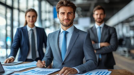 Business professionals collaborating on a project in a modern office during daylight hours, focused on charts and reports