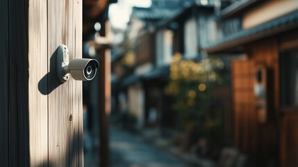 Security Camera on Wooden Post in Traditional Japanese Alley