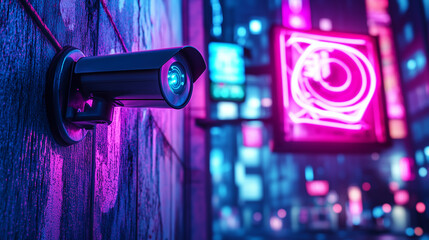 Surveillance Camera on Urban Wall with Neon Lights at Night
