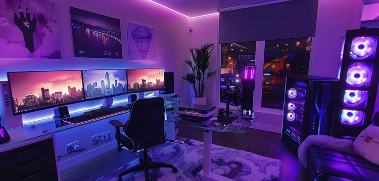 Elegant gaming room with onyx RGB lights, sleek glass desk, illuminated decor