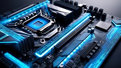 Blue binary coded neon colored motherboard with cpu .close up of a vibrant circuit board with blue neon lights, depicting advanced electronics and information technology.Computer processing unit 