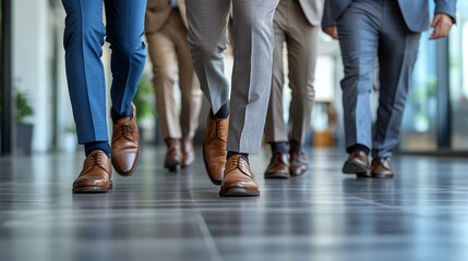 Fototapeta premium Group of men in formal attire walking together in a modern office hallway during the day