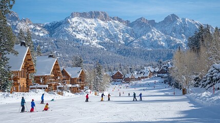 Picturesque Ski Resort with Snow-Covered Chalets and Majestic Mountains