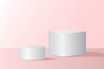 Abstract 3D pink podium background. Modern minimalist mockup for product display presentation. Realistic pink cylinder pedestal podium. Geometric stage showcase with copy space. 
