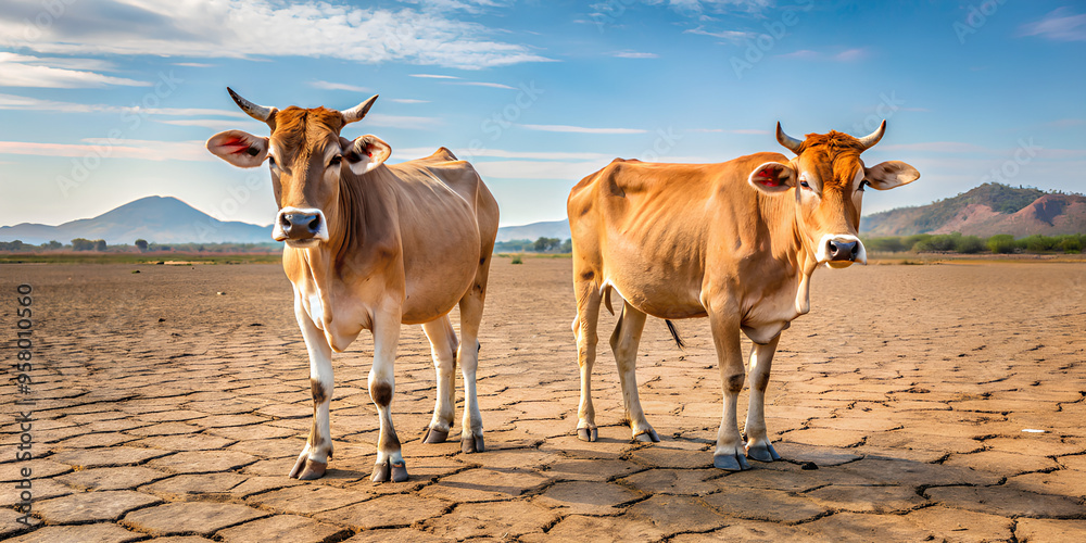 Wall mural two cows standing on broken ground, arid and dry countryside background