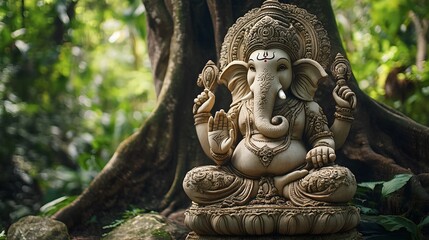 A realistic Ganesha statue intricately carved, seated peacefully under a large tree in a dense forest