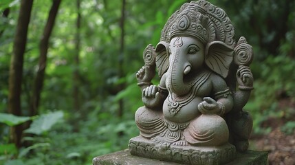 A cool Ganesha statue carved from stone, blending harmoniously with the natural beauty of the forest