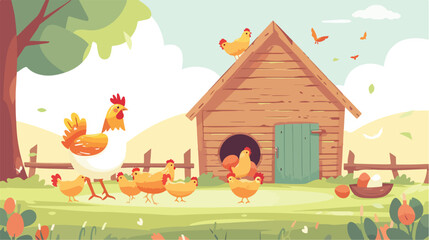 Obraz premium Chicken Coop Banner Animals and Nest with Eggs