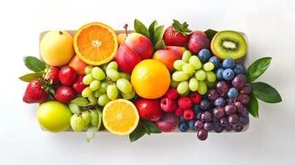 Flat lay food photography of a vibrant fruit platter arranged on a bright, neutral surface, capturing the colors and shapes of the fruit from above