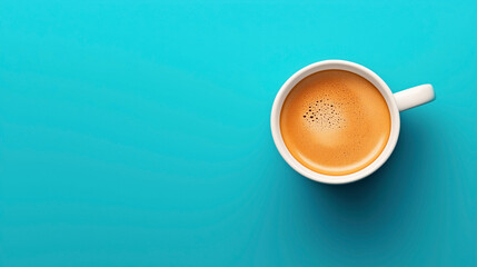 White cup of coffee with crema on a vibrant turquoise background, viewed from above. Simple and minimalist composition ideal for beverage themes.