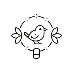 Black and white minimalist illustration of a bird within a circle, flanked by leaf details. Ideal for nature-themed designs, environmental content, and logos...