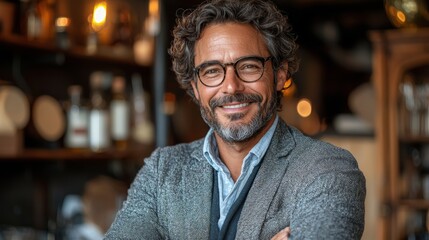 A smiling man with curly hair and glasses stands confidently in a cozy, warmly lit cafe, showcasing a relaxed atmosphere in the evening