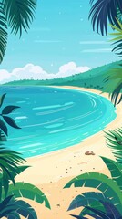 Obraz premium A beautiful cartoon style beach landscape features a calm sea, gentle waves, and swaying palm trees, evoking thoughts of relaxation and travel adventures