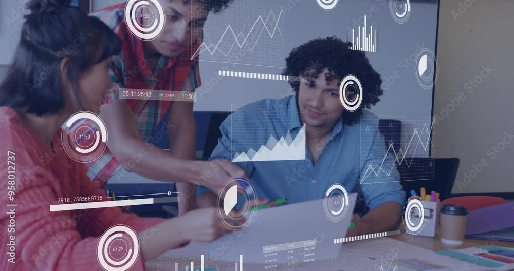 Poster analyzing data charts and graphs, diverse team collaborating in office animation