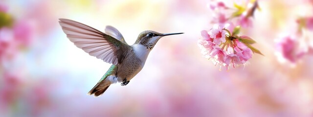 Naklejka premium Hummingbird hovering by a pink-yellow flower against a softly blurred sky