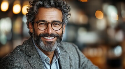 Obraz premium Smiling man with gray curly hair and glasses enjoying a moment at a cozy café during the day