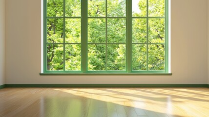 Fototapeta premium Bright and airy room with large green window, showcasing a beautiful view of nature and sunlight streaming on polished wooden floor.