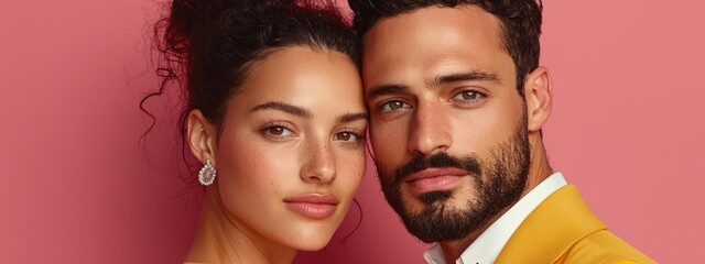 Fototapeta premium A man and a woman, each standing beside the other, face a pink backdrop The man dons a yellow suit, while the woman adorns diamond earrings