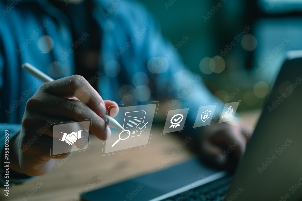 Poster Document management system, DMS. Businessman using laptop connecting to digital file folder, digital transformation, file sharing, search and managing files. Digital marketing, online business.