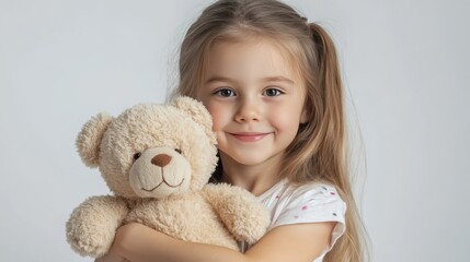 Girl, teddy bear on white.