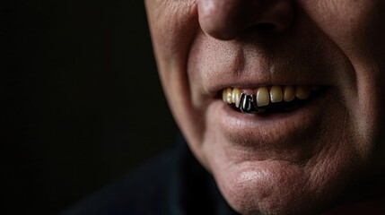 Close-up of a senior man's mouth with a gold tooth, showing signs of aging.