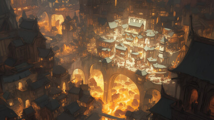 bustling dwarven marketplace nestled within a grand underground city, aglow with vibrant activity and warm light