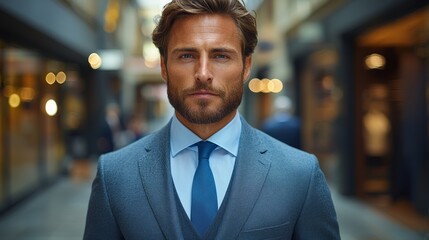 Fototapeta premium Stylish man in a tailored suit confidently walking through a boutique-lined street during the day in a bustling urban environment