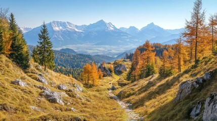 Rocky Alpine peaks seen from Kleinarl hiking path in autumn.