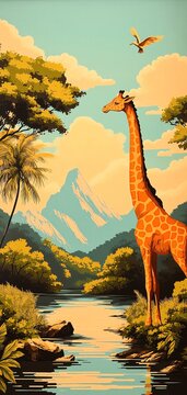 A vibrant landscape featuring a majestic giraffe by a serene river, surrounded by lush trees and distant mountains under a blue sky.