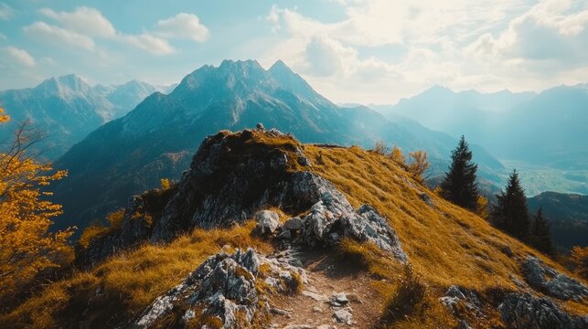 Kleinarl hiking trail provides views of rocky Alps in autumn.